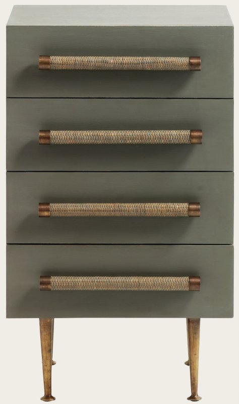 BEDSIDE TABLE FOUR DRAWERS WICKER HANDLES BRASS TRIM & LEGS