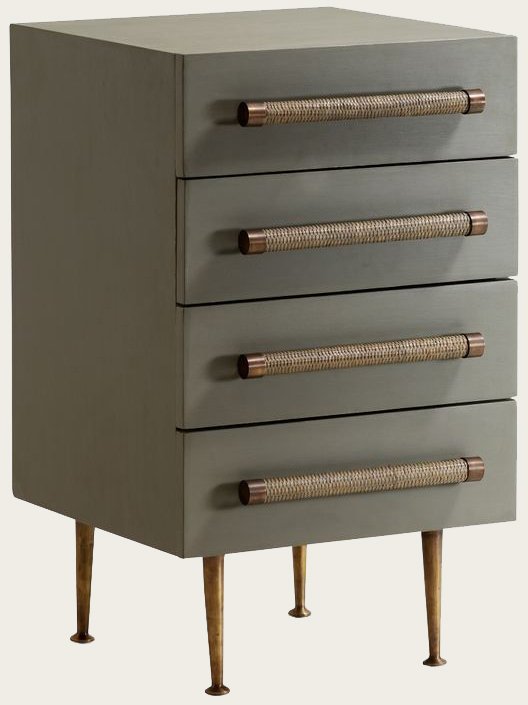 BEDSIDE TABLE FOUR DRAWERS WICKER HANDLES BRASS TRIM & LEGS