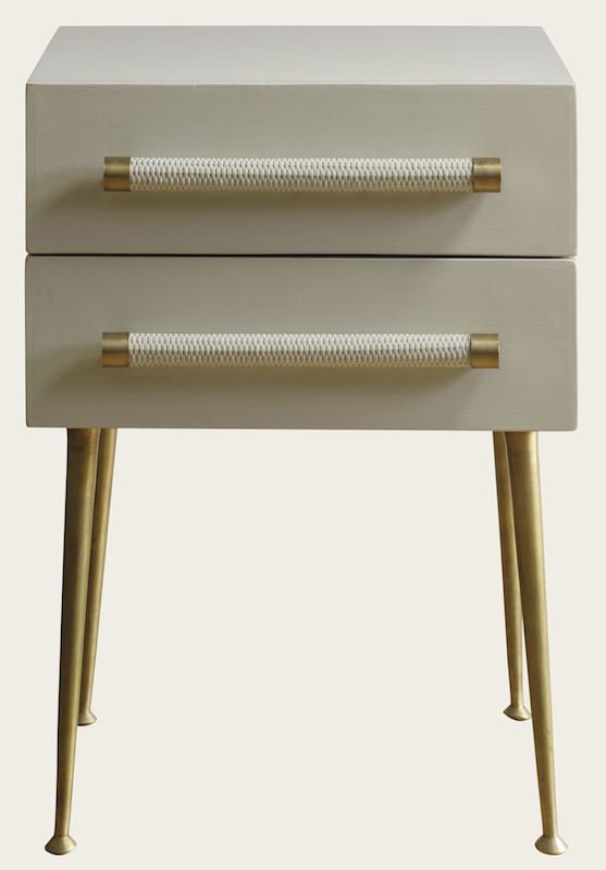 BEDSIDE TABLE TWO DRAWER WICKER HANDLE BRASS TRIM & LEGS